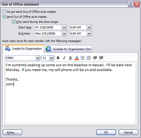 Internal and External Messages in Outlook 2007 Out of Office Assistant ...