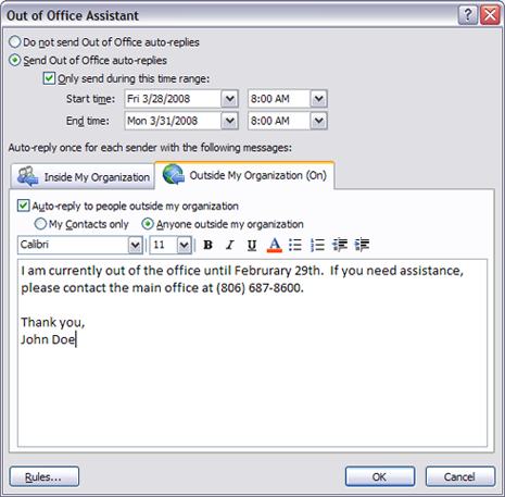 Internal And External Messages In Outlook 07 Out Of Office Assistant Conetrix