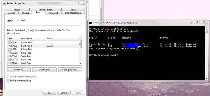 Net use lpt1 нет доступа из windows 10 к windows xp